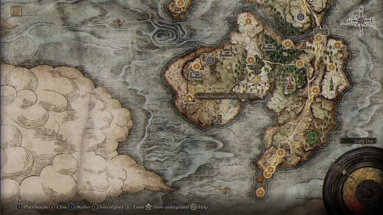 La mappa completa di Elden Ring mostra terre selvagge, isole e un mercante solitario. Esplora ogni angolo!