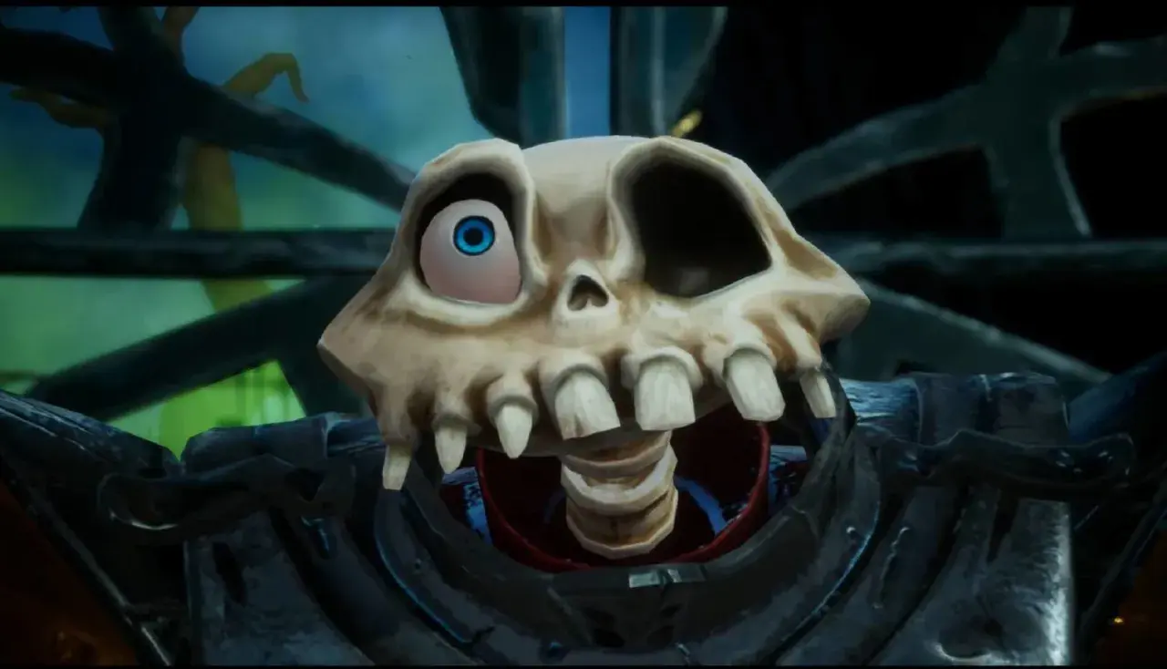 Un teschio con un occhio blu sporgente, parte di un personaggio del **medievil 2 remake**, con un'espressione buffa.