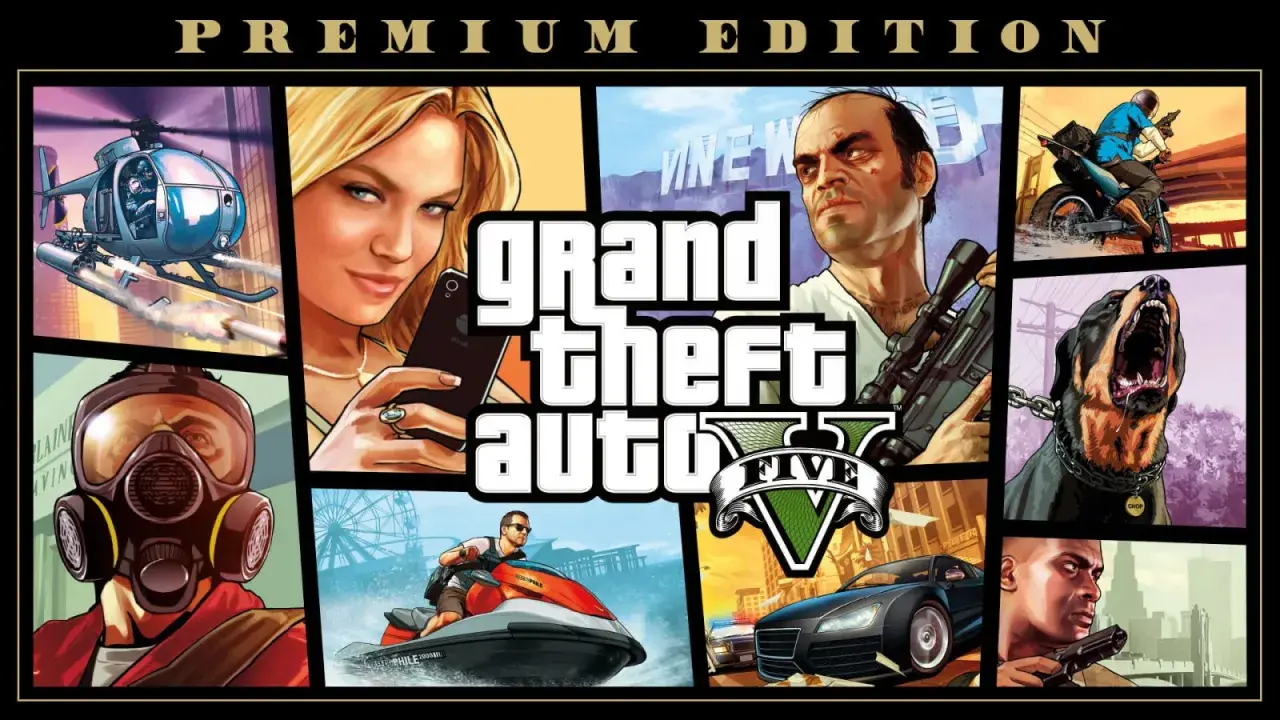 Immagine di copertina di Grand Theft Auto V Premium Edition per PS5, con scene d'azione, personaggi e veicoli. Scopri i trucchi GTA 5 PS5 per dominare Los Santos!