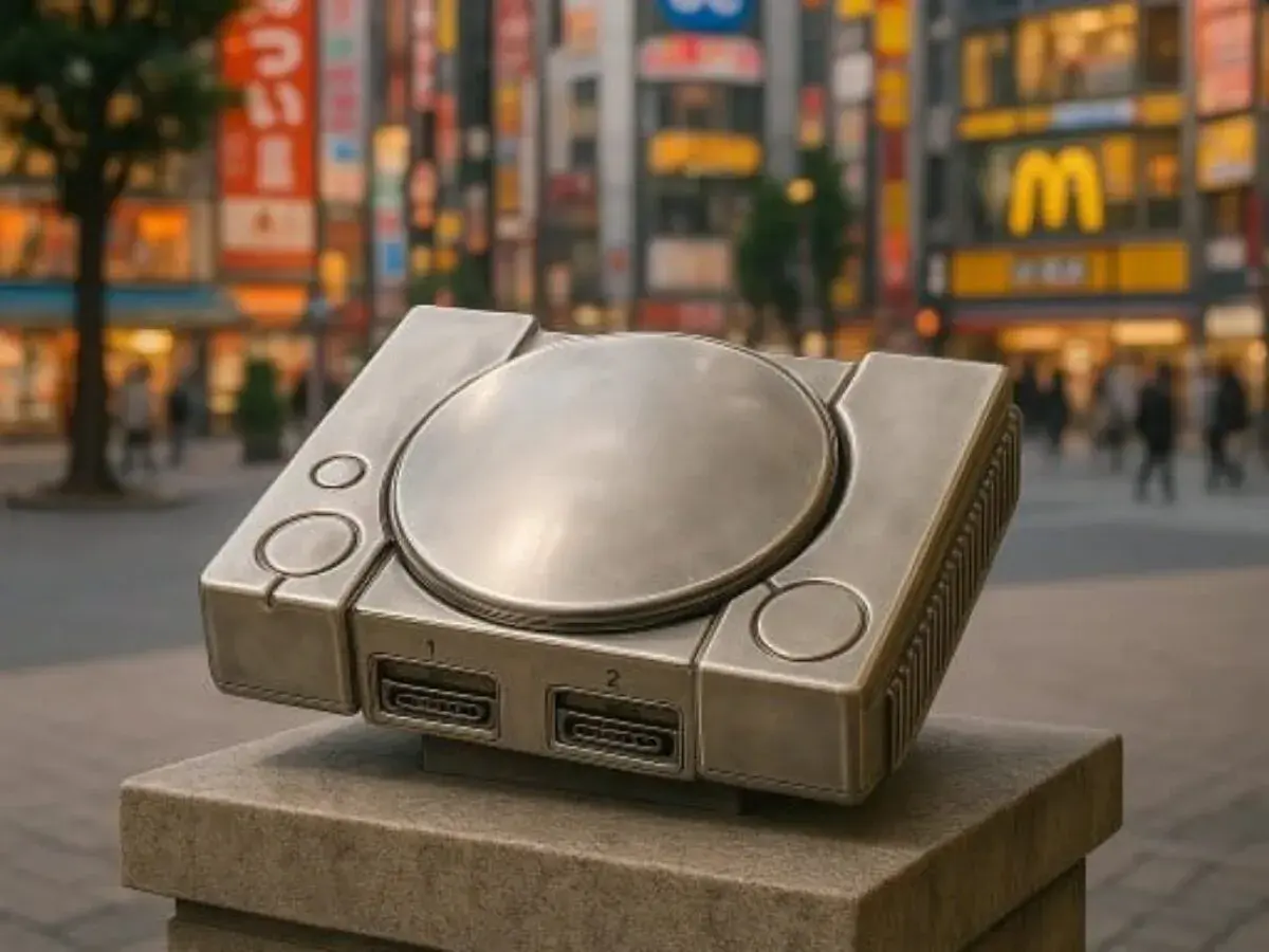 La prima PlayStation, simbolo di chi ha inventato questo iconico pezzo di storia videoludica, troneggia in una strada di Tokyo.