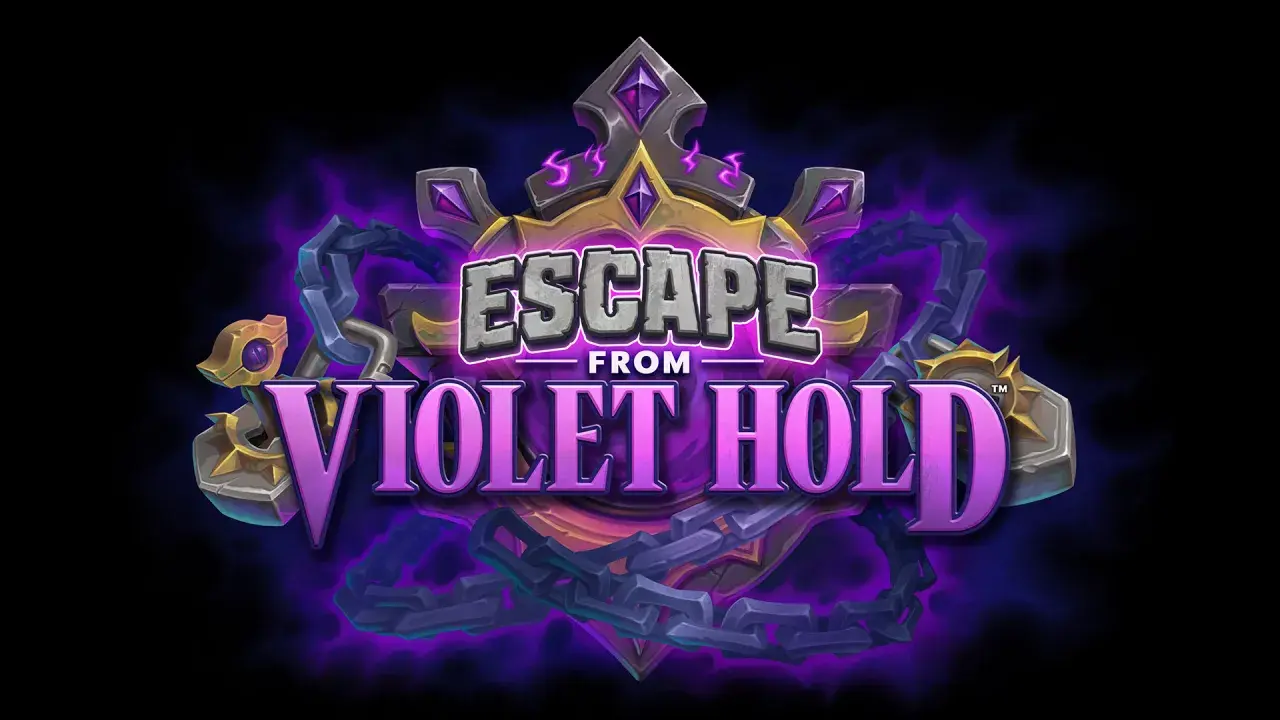 Logo della hearthstone nuova espansione "Escape from Violet Hold", con catene e fumo viola.