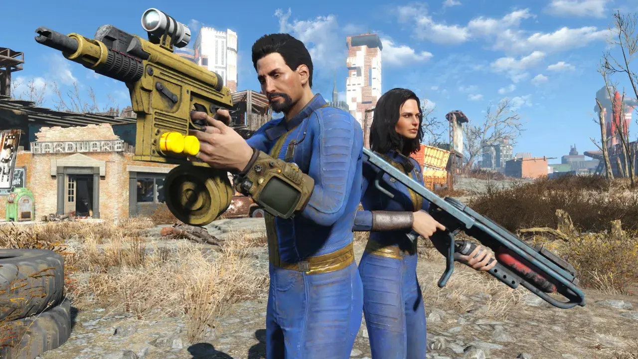 Coppia in tuta blu con armi post-apocalittiche, pronti per un **fallout 4 update**.