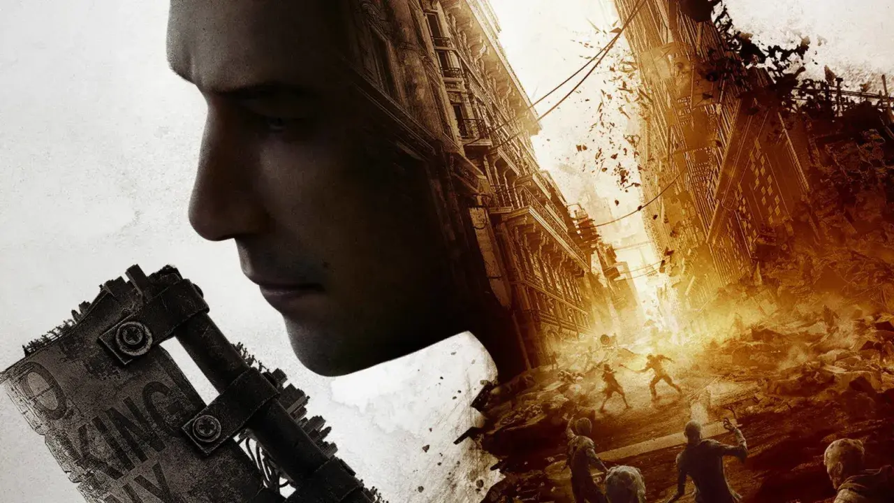 Profilo di un uomo sovrapposto a una città in rovina e zombie. La recensione di Dying Light 2.