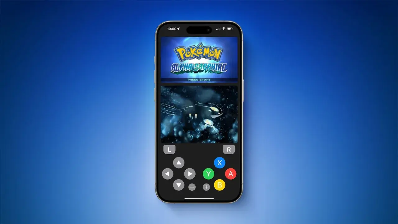 iPhone con emulatore Nintendo DS iOS che mostra Pokémon Alpha Sapphire, con controlli virtuali.
