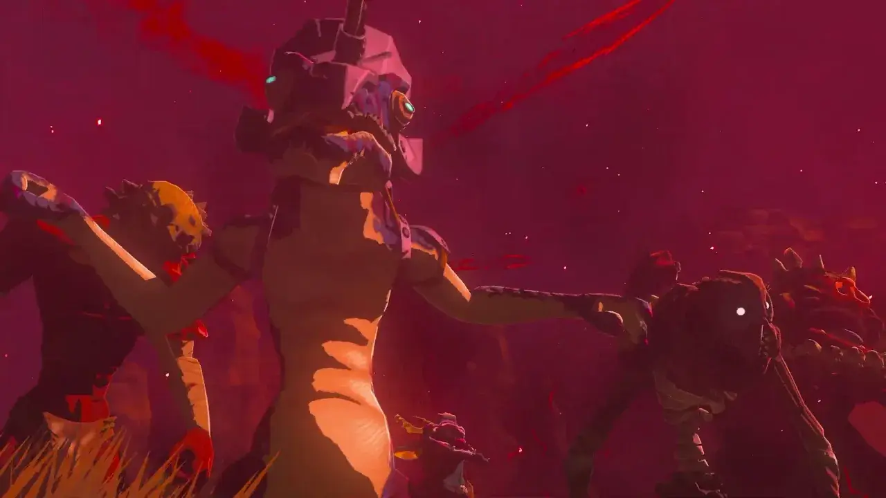 Un'epica battaglia in Zelda Tears of the Kingdom: Link affronta creature terrificanti in un mondo rosso sangue. La recensione ne parla.