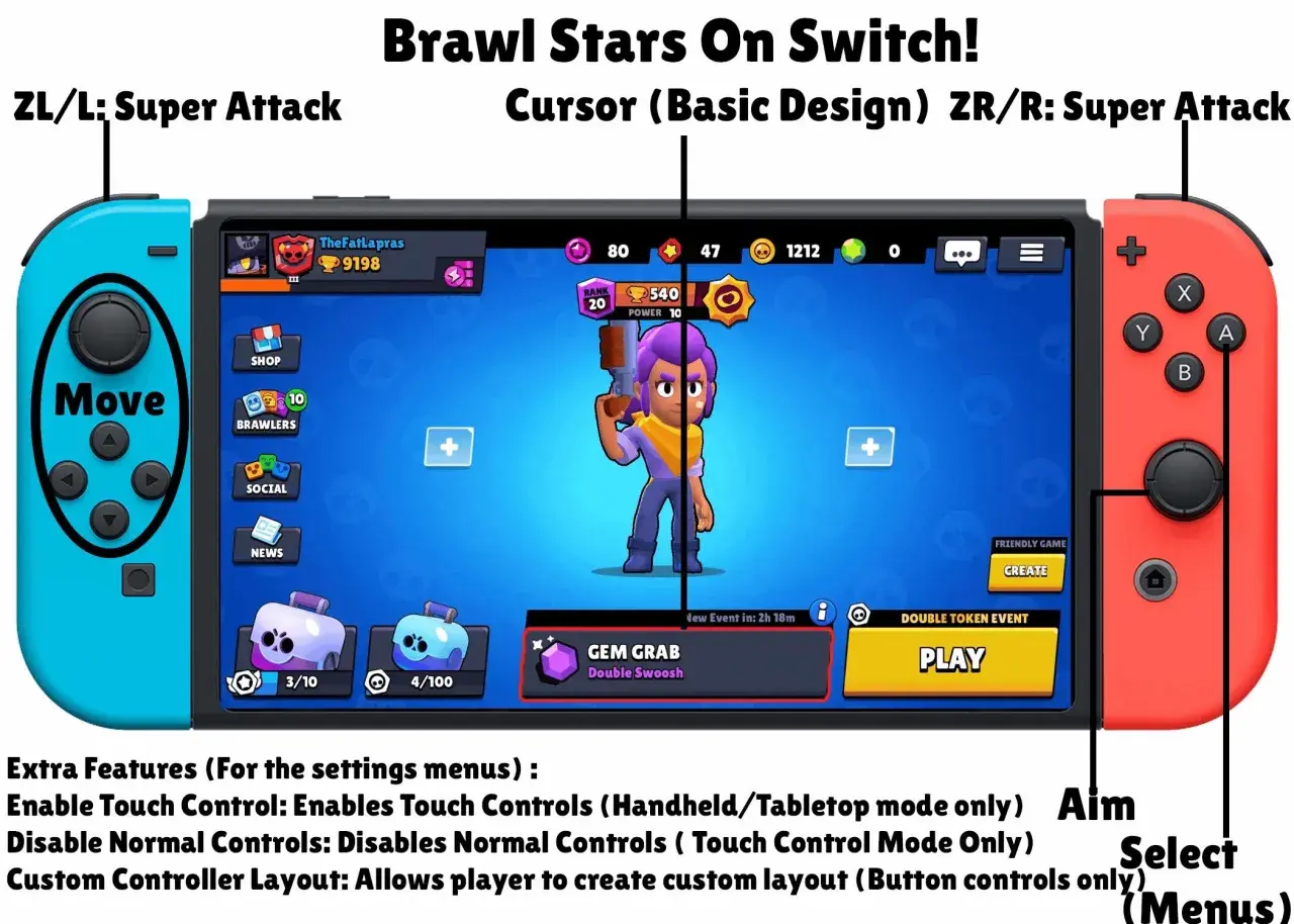 Nintendo Switch con Brawl Stars, mostra Shelly e i controlli per il gioco.