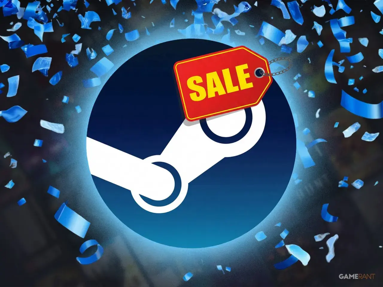 Il logo Steam con un'etichetta rossa "SALE" e coriandoli blu. Preparati per i prossimi saldi Steam!