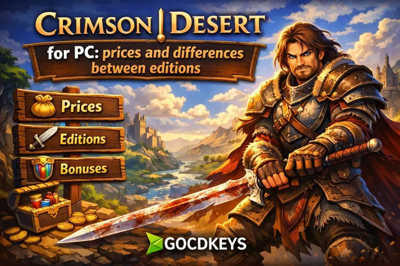 Guerriero con spada insanguinata nel **crimson desert**. Menu per prezzi, edizioni e bonus del gioco per PC.