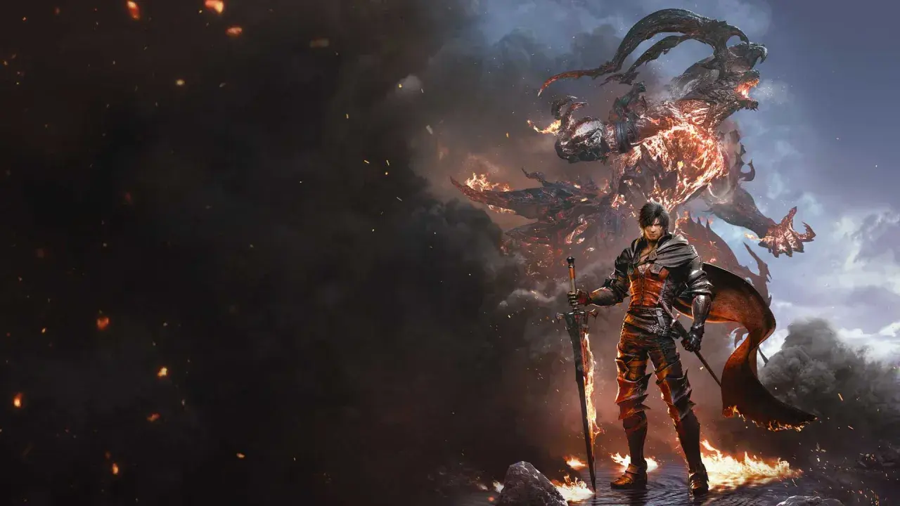 Clive con la sua spada fiammeggiante affronta un imponente Eikon. L'epica avventura di Final Fantasy 16 su Xbox.