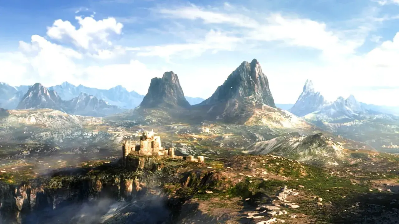 Paesaggio epico con un castello su una scogliera, montagne imponenti e un cielo azzurro. L'ambientazione perfetta per The Elder Scrolls 6.