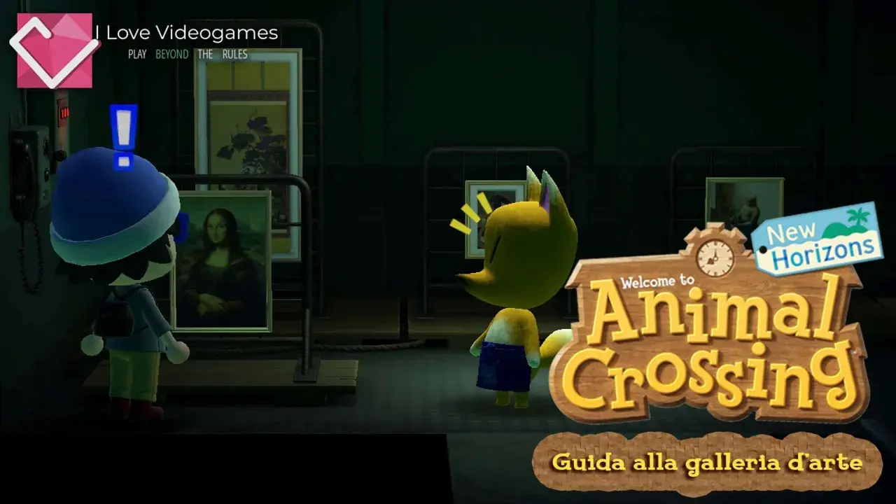 Un personaggio di Animal Crossing ammira la Gioconda, mentre il volpolo Rino, esperto d'arte, osserva.