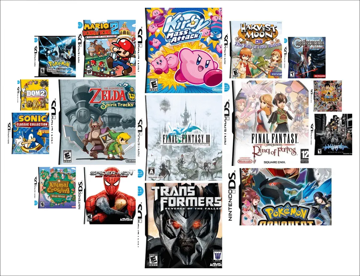 Raccolta di copertine dei migliori giochi DS: Pokémon, Zelda, Final Fantasy, Kirby, Sonic e altri ancora.