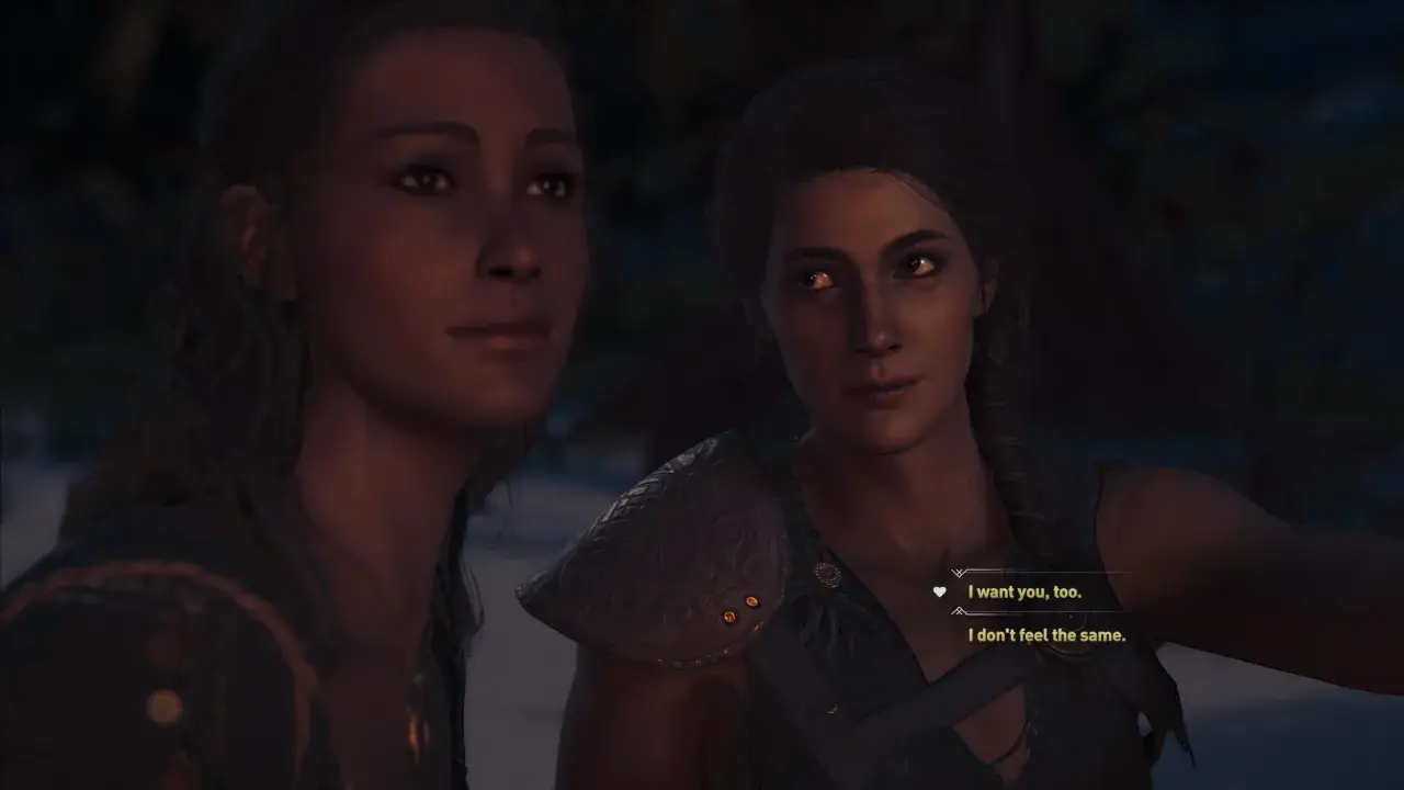 Kassandra, l'assassina di Assassin's Creed, in un momento intimo. Le sue scelte influenzano le relazioni.