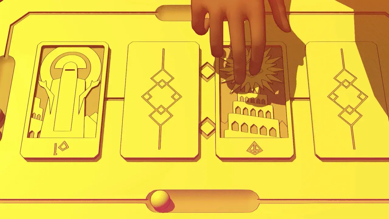 Mano che sfiora carte con simboli stilizzati, forse un riferimento al gioco "Chant of Sennaar".