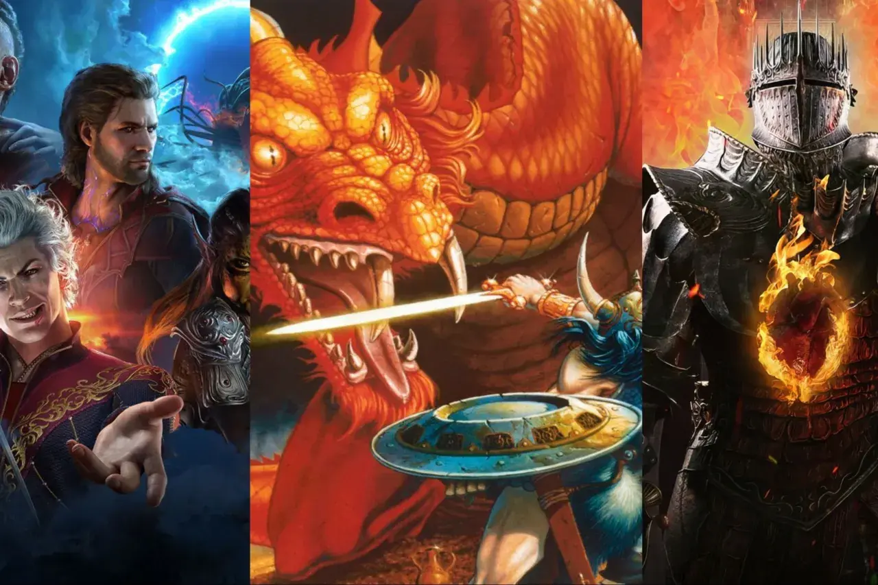 Un guerriero affronta un drago, mentre altri personaggi fantasy si preparano per un epico d&d gioco online.
