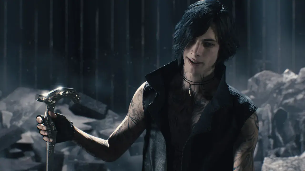 V, con il suo bastone e i tatuaggi, è pronto per la recensione di Devil May Cry 5.