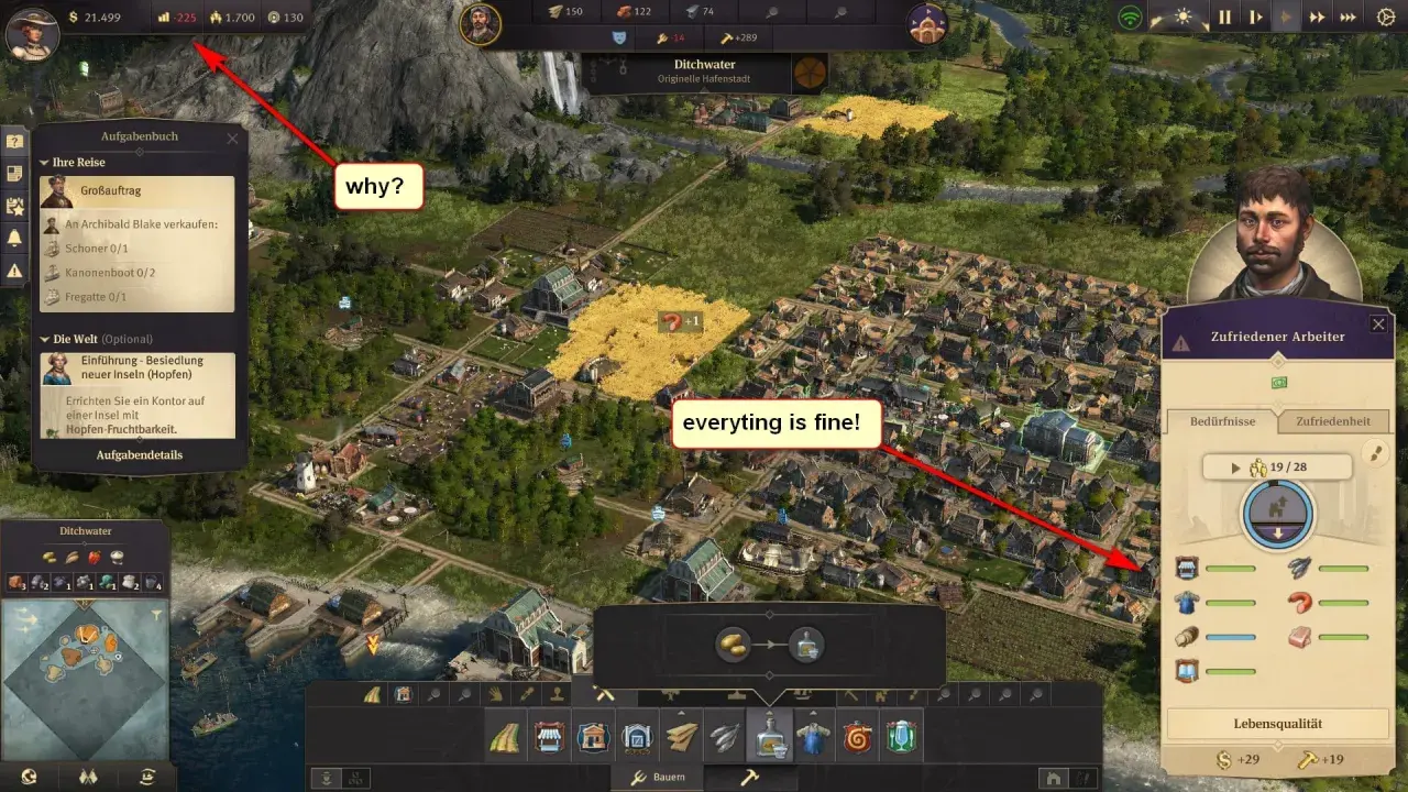 Anno 1800 recensione: una città prospera con campi dorati e case ordinate. La soddisfazione dei lavoratori è alta, tutto procede bene.
