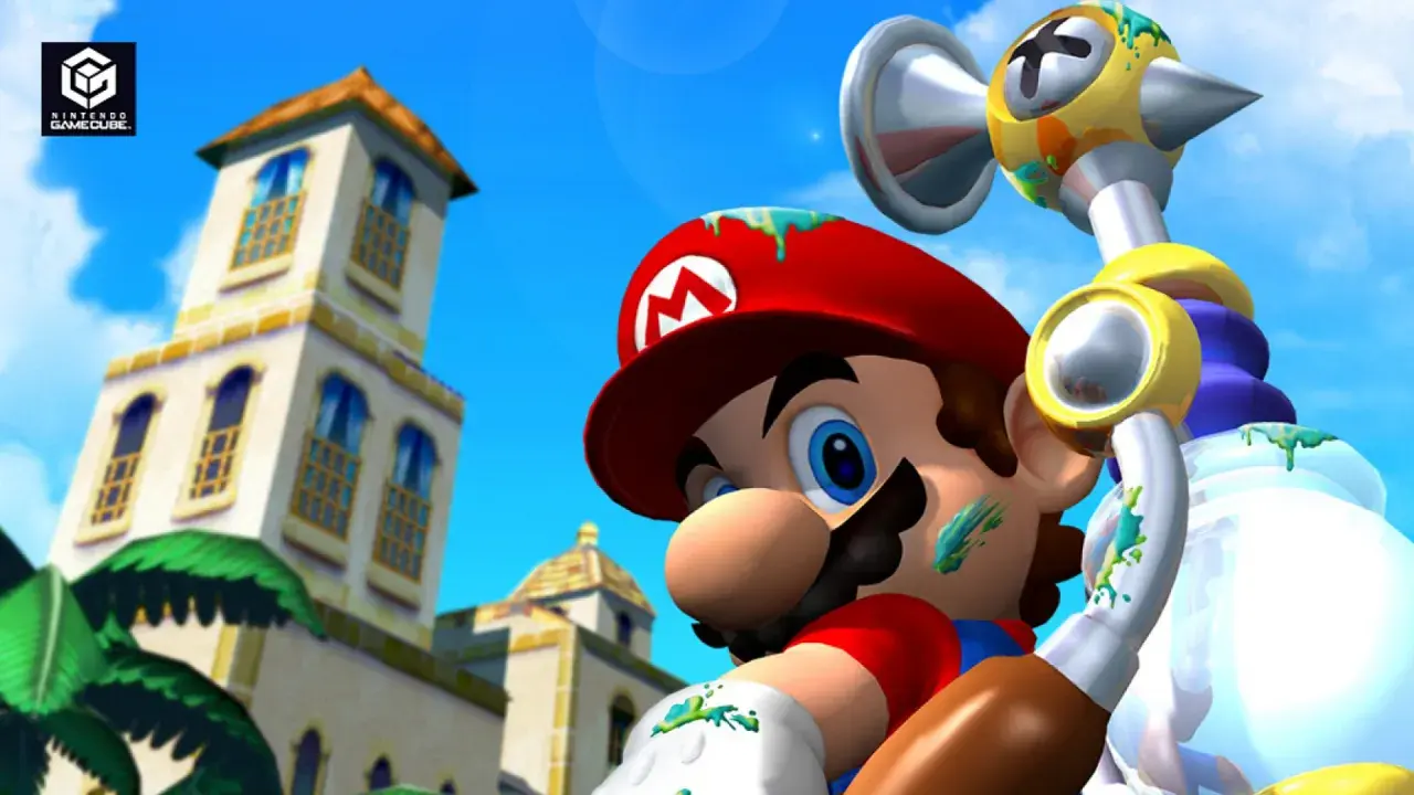 Mario con il suo pennello spruzza colore, pronto per i migliori giochi GameCube.