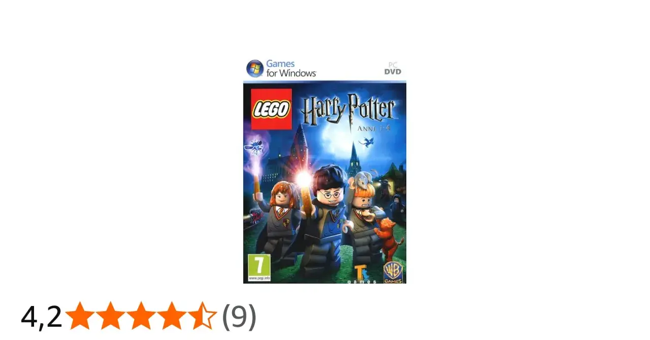Copertina del gioco Lego Harry Potter Anni 1-4 per PC. Harry, Ron e Hermione in versione Lego davanti a Hogwarts.
