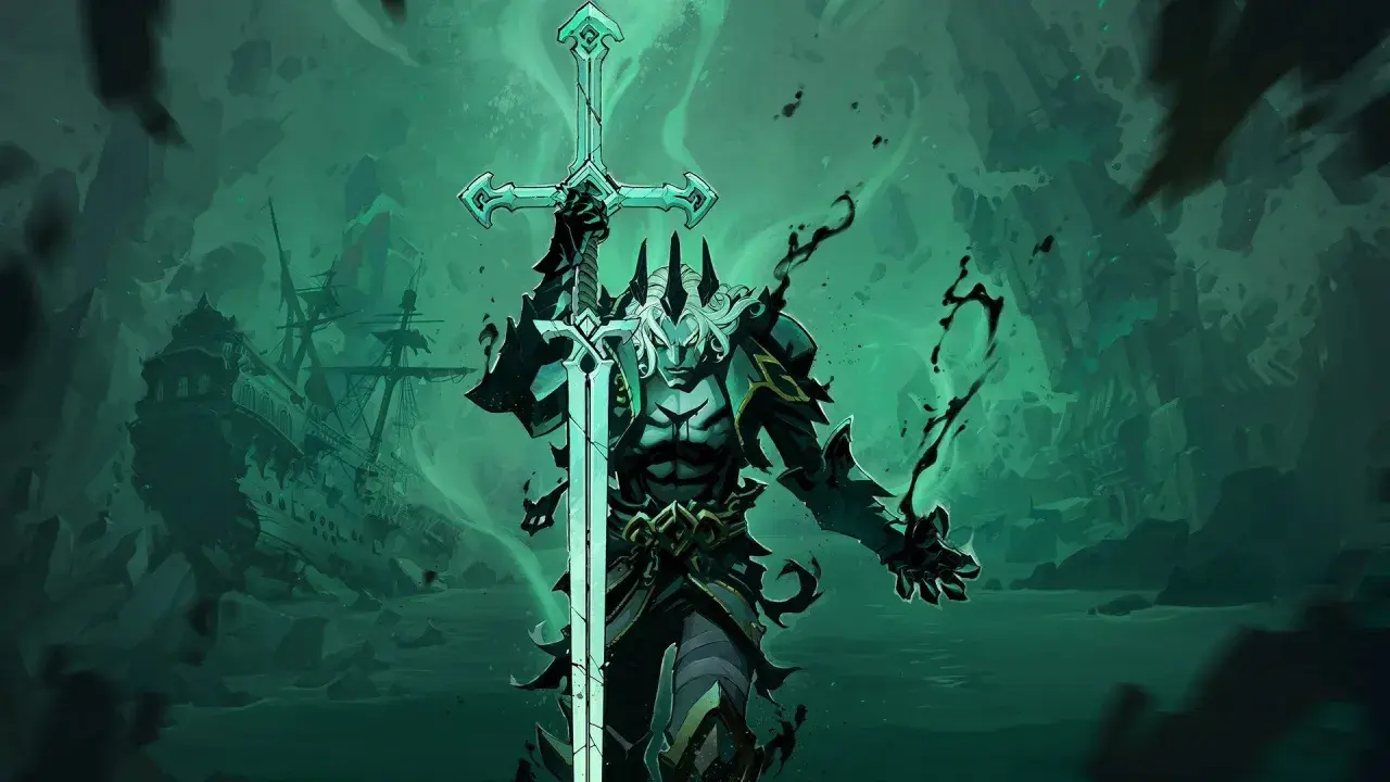 Guerriero spettrale con spada luminosa, circondato da nebbia verde e un relitto di nave. Il suo sguardo presagisce il **rise of legends**.