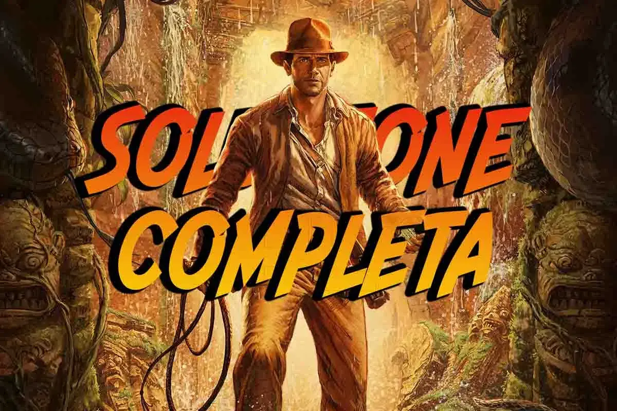 Indiana Jones e l'antico cerchio: l'avventuriero si erge tra rovine e cascate, pronto a svelare i segreti di un misterioso cerchio antico.