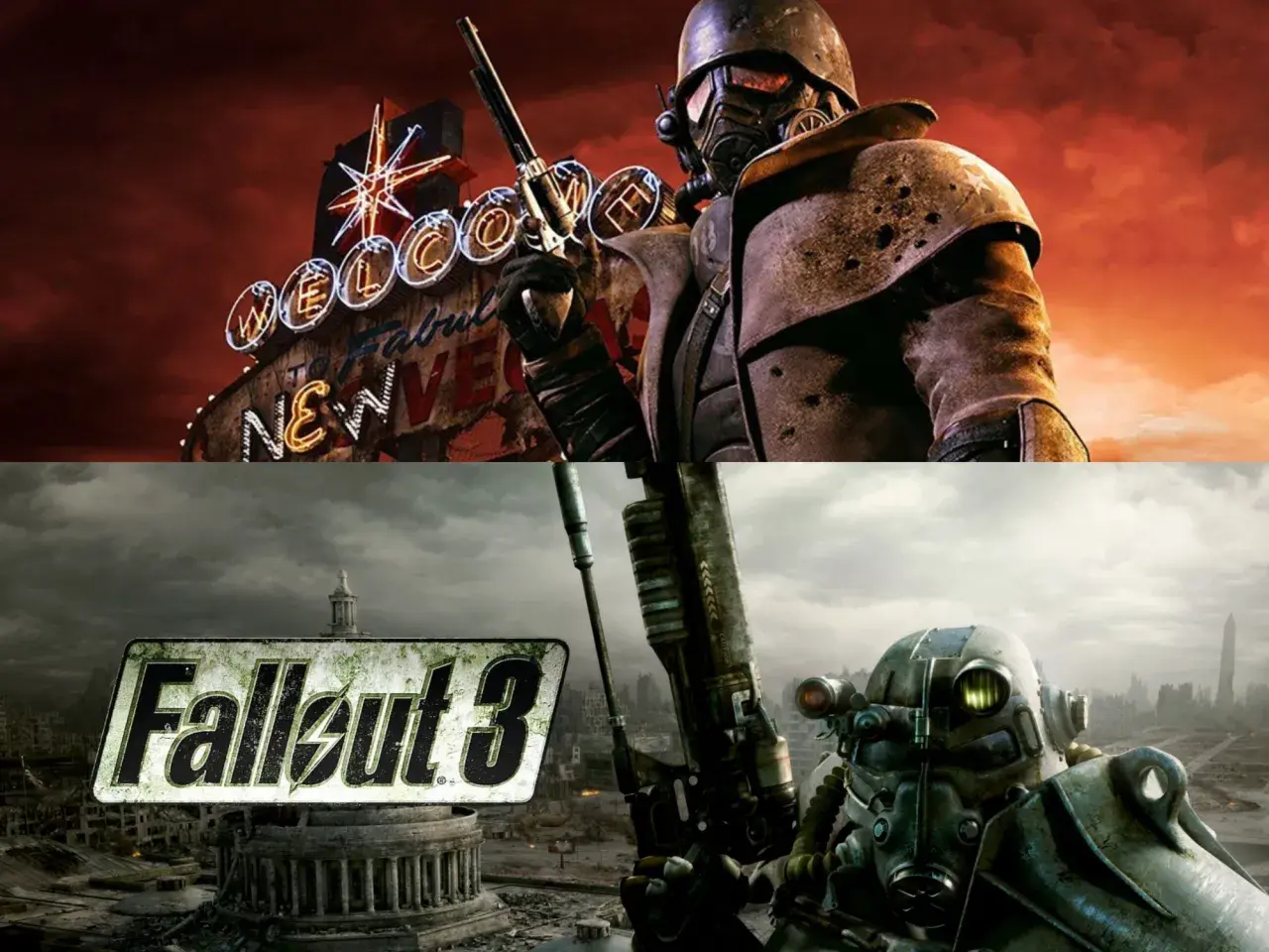 Due guerrieri post-apocalittici, uno con un'iconica insegna di benvenuto di Fallout 3 remastered sullo sfondo, l'altro con il logo di Fallout 3.