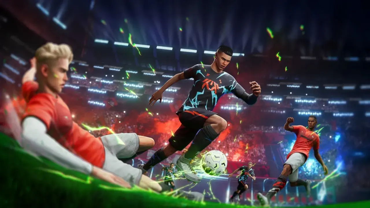 Giocatori in azione in uno stadio, pronti a segnare. L'uscita del nuovo gioco di calcio è imminente!