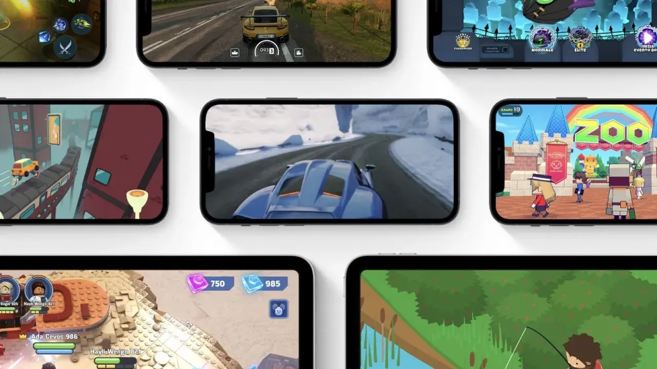 Schermate di giochi per dispositivi mobili, tra cui corse, avventura e puzzle. Scopri cosa è Apple Arcade con questi divertenti titoli.