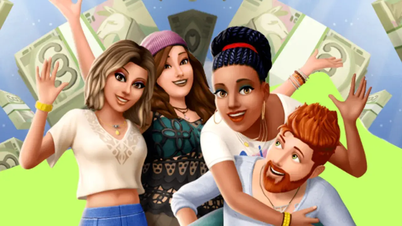 Sims felici festeggiano con banconote volanti, forse grazie ai trucchi The Sims 4 PS4 per soldi infiniti.