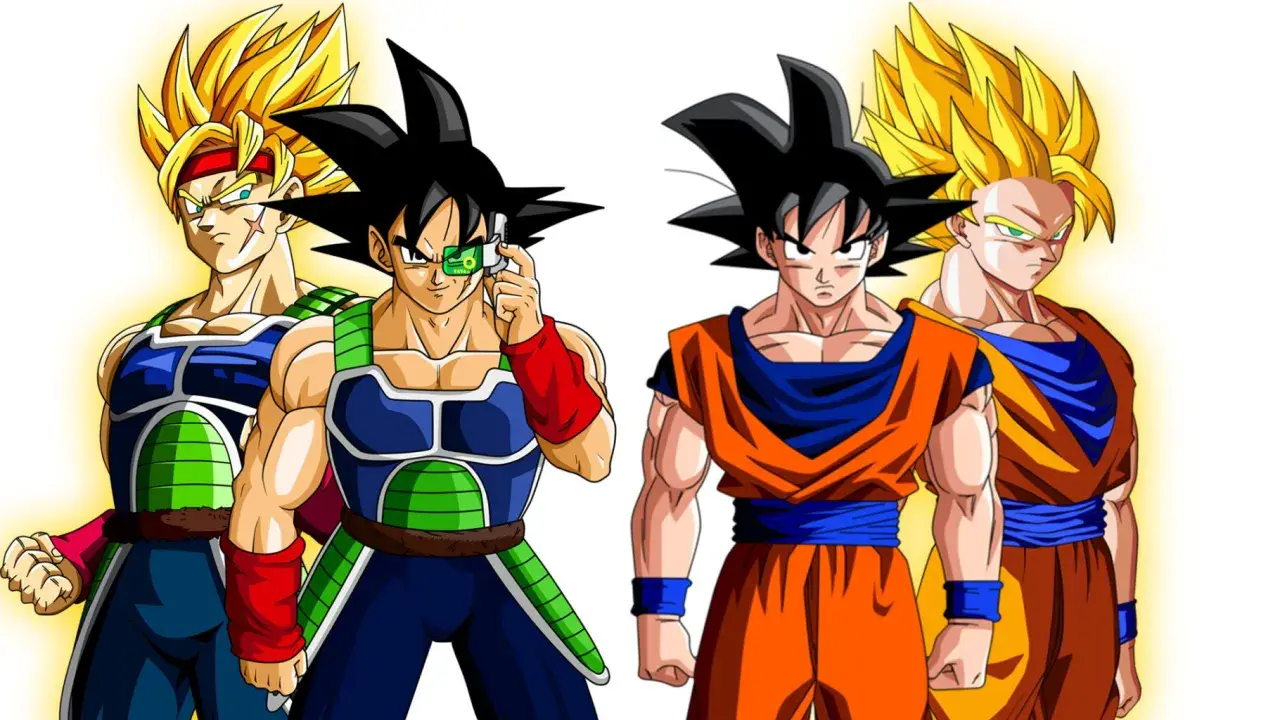 Bardock e Goku, con le loro trasformazioni in ordine: Bardock con scouter, Bardock Super Saiyan, Goku base e Goku Super Saiyan.