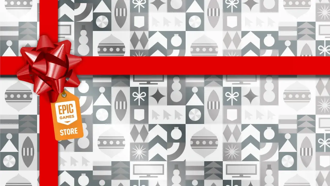 Regalo di Natale: epic games gioco gratis 24 dicembre. Un pacco regalo con fiocco rosso e tag Epic Games Store.