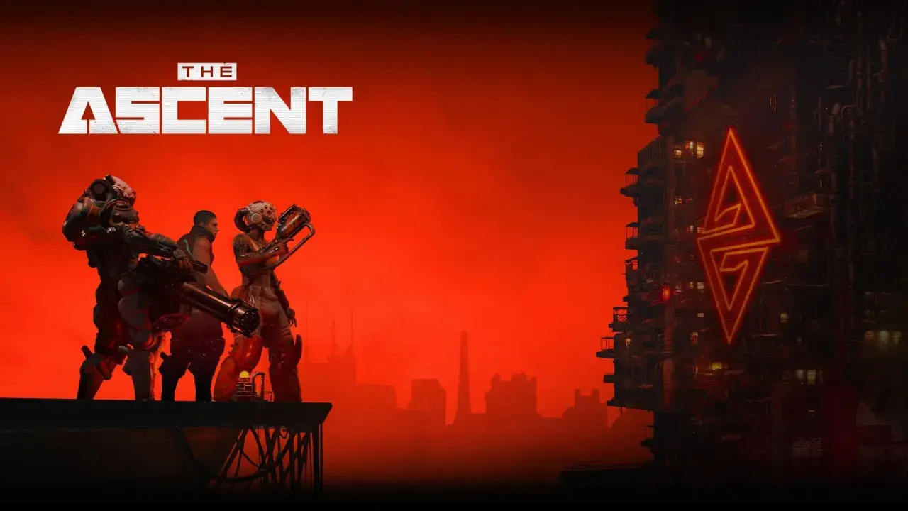 La recensione di The Ascent: tre guerrieri cyberpunk si preparano alla battaglia su uno sfondo rosso fuoco, con un grattacielo illuminato da un logo al neon.