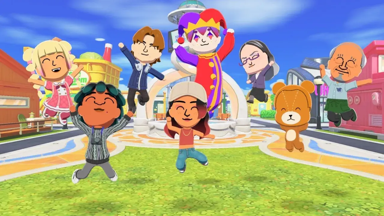 Un gruppo di personaggi colorati, tra cui un clown e un orsetto, salta felice in una piazza vivace, un'anteprima di Tomodachi Life 2.