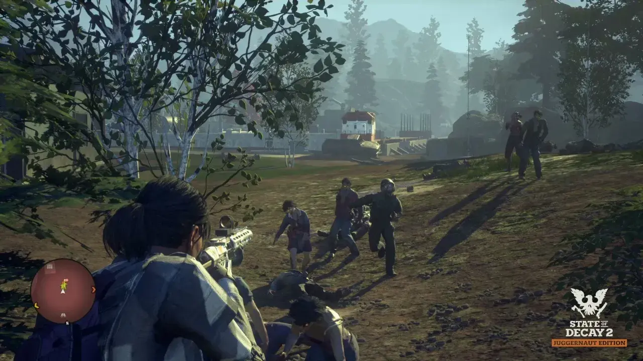 Sopravvissuti in fuga da zombie in una scena di State of Decay 2 recensione.