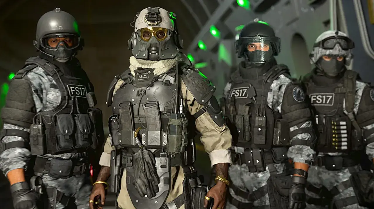 Squadra di operatori tattici pronti all'azione in DMZ, Call of Duty. Equipaggiamento pesante e sguardo determinato.