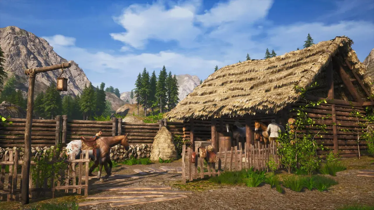 Scena di vita rurale in Medieval Dynasty: recensione del gioco con cavalli e fienile sotto montagne maestose.