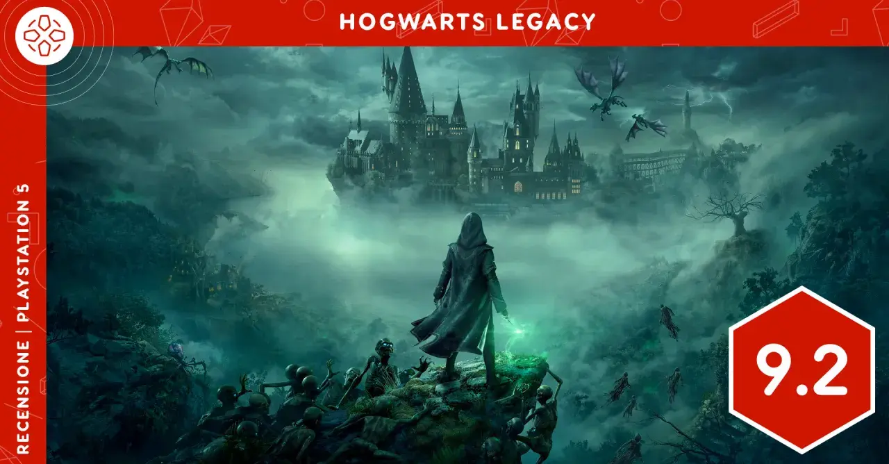 Hogwarts Legacy recensione: un mago affronta creature oscure con Hogwarts sullo sfondo. Voto 9.2.