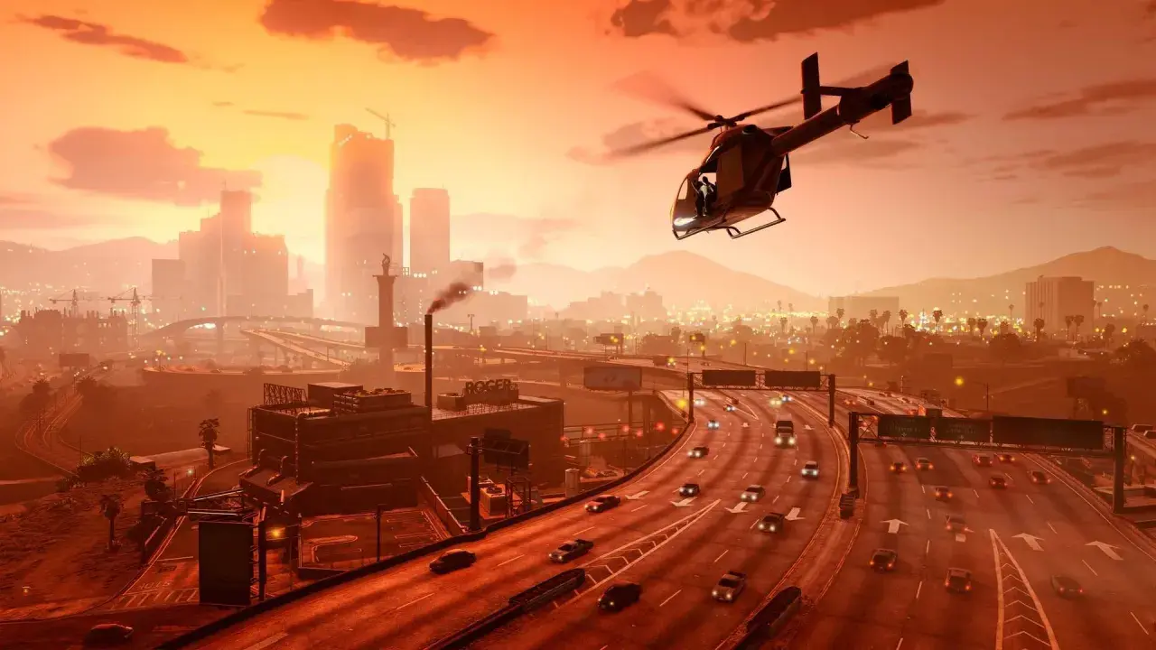 Elicottero sorvola Los Santos al tramonto, un'ottima ambientazione per usare trucchi GTA 5 Xbox Serie S e seminare il caos.