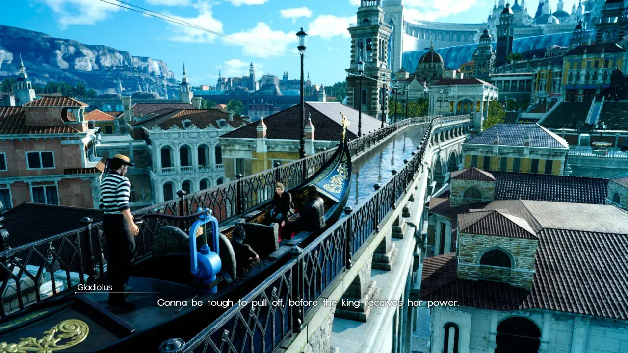 Gladiolus su una gondola a Insomnia, un momento chiave nella recensione di Final Fantasy XV.