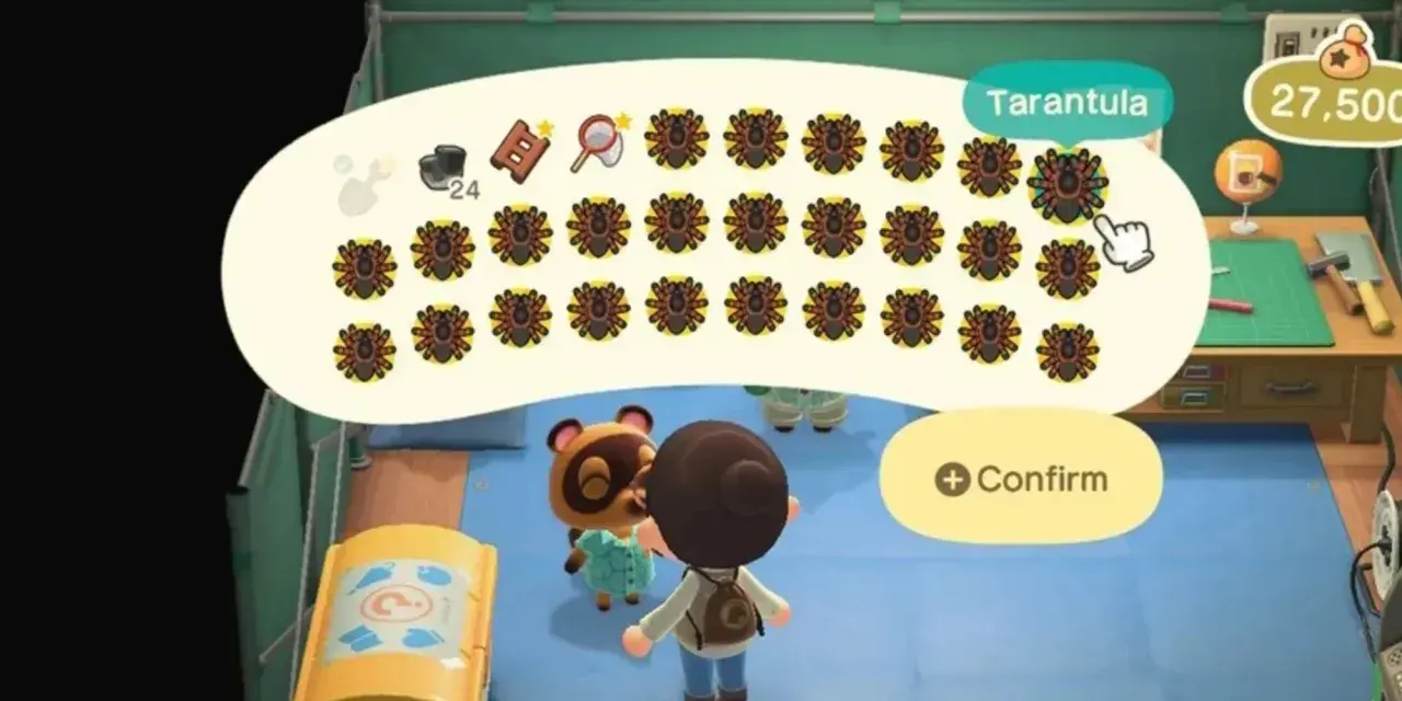 Inventario pieno di tarantule in Animal Crossing New Horizons. Un giocatore ha catturato molti insetti, pronti per essere venduti.