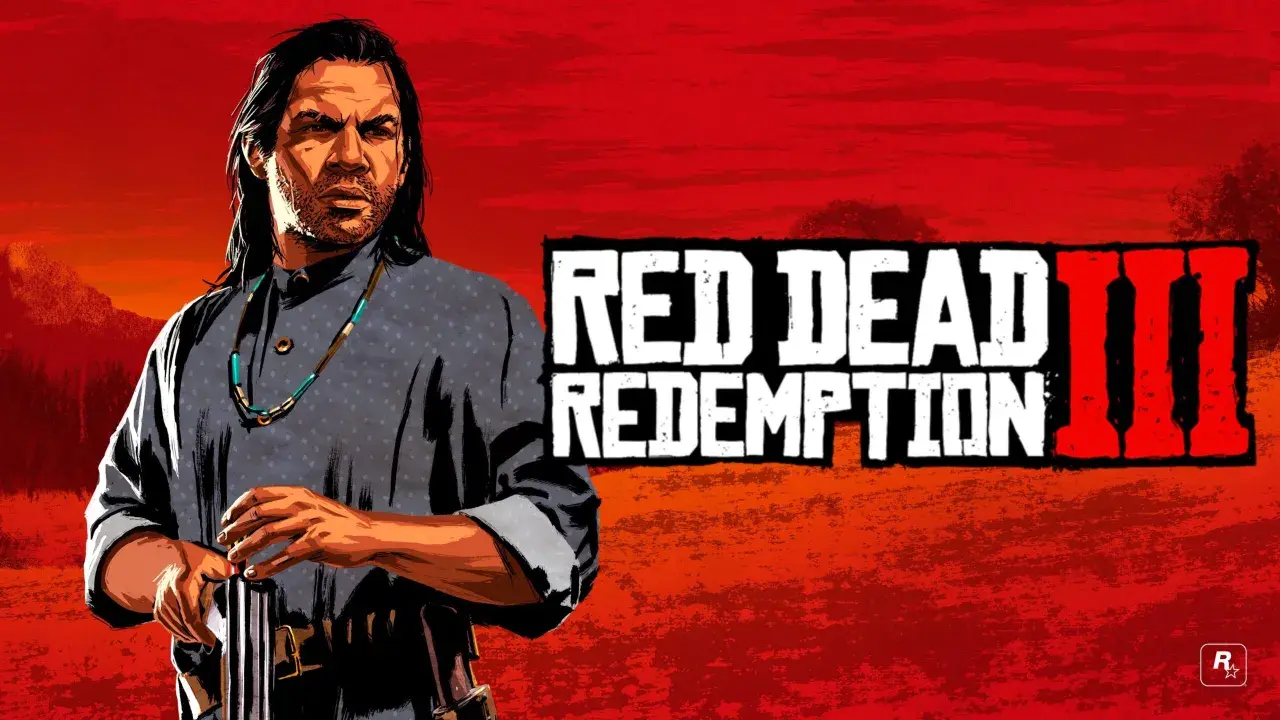 Un uomo con lunghi capelli neri e una collana di perline turchesi si prepara a sparare. Il logo "RED DEAD REDEMPTION III" campeggia sullo sfondo rosso fuoco.