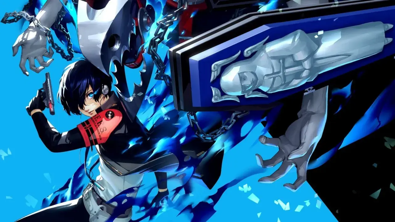 Makoto Yuki con la sua Evocazione in Persona 3 Reload per Nintendo Switch, circondato da fiamme blu e catene.