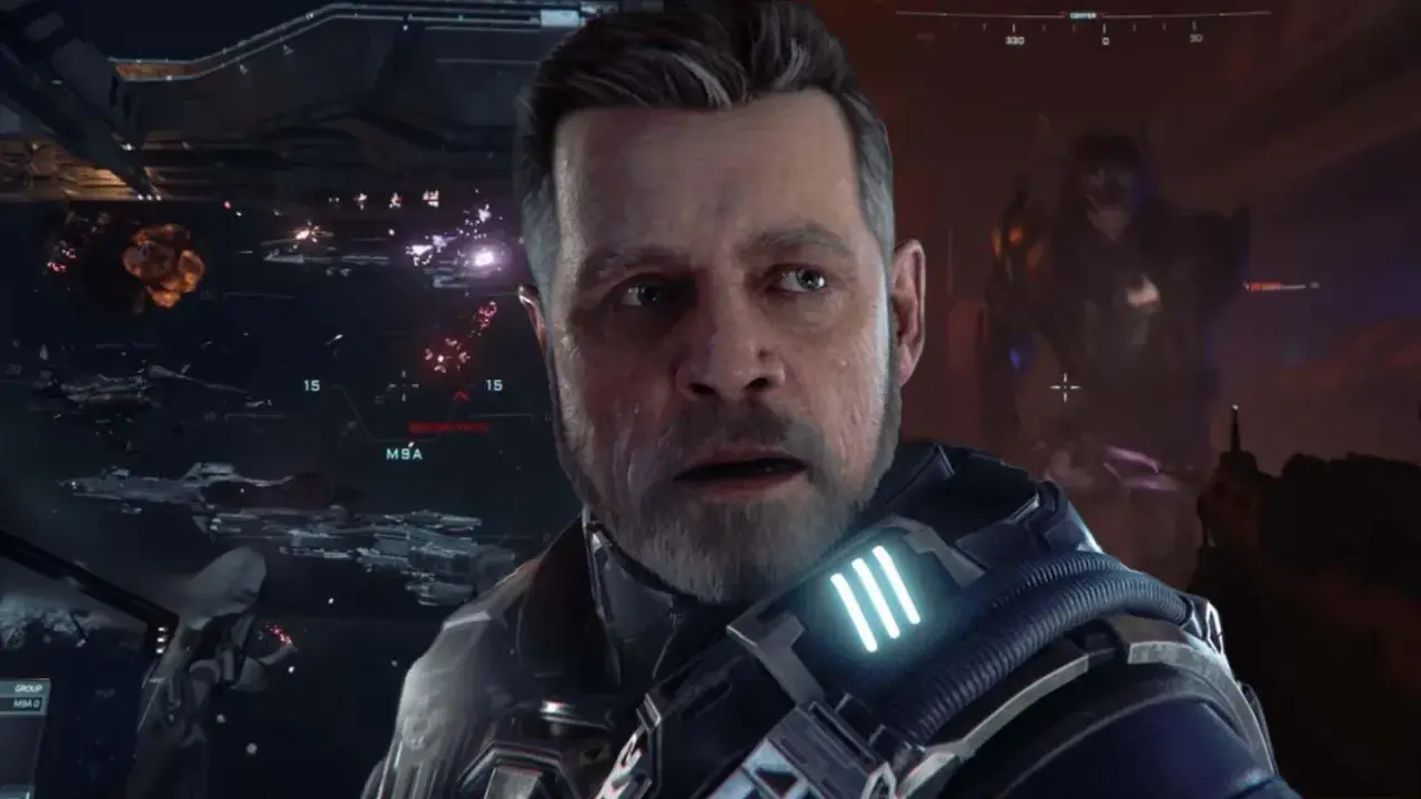 Un uomo con espressione preoccupata in una battaglia spaziale, forse in Star Citizen per PS5. Navi e esplosioni sullo sfondo.