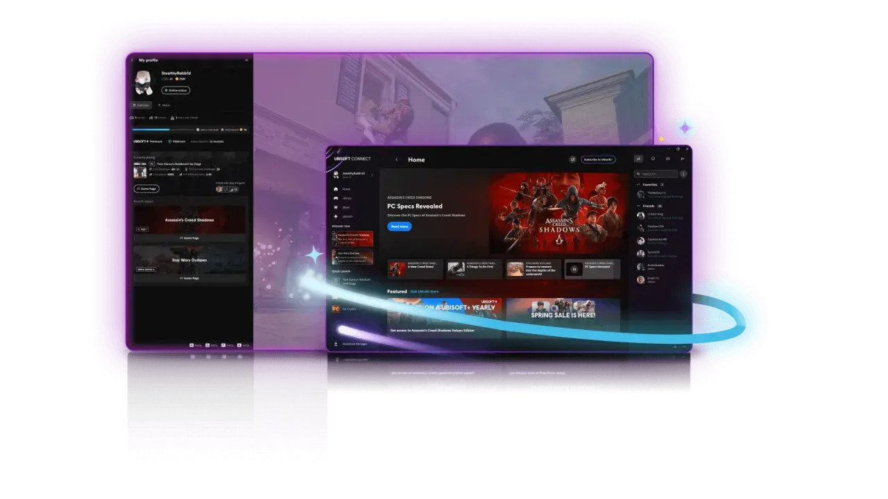 Interfaccia di Ubisoft Connect con giochi in primo piano, tra cui Assassin's Creed Shadows.