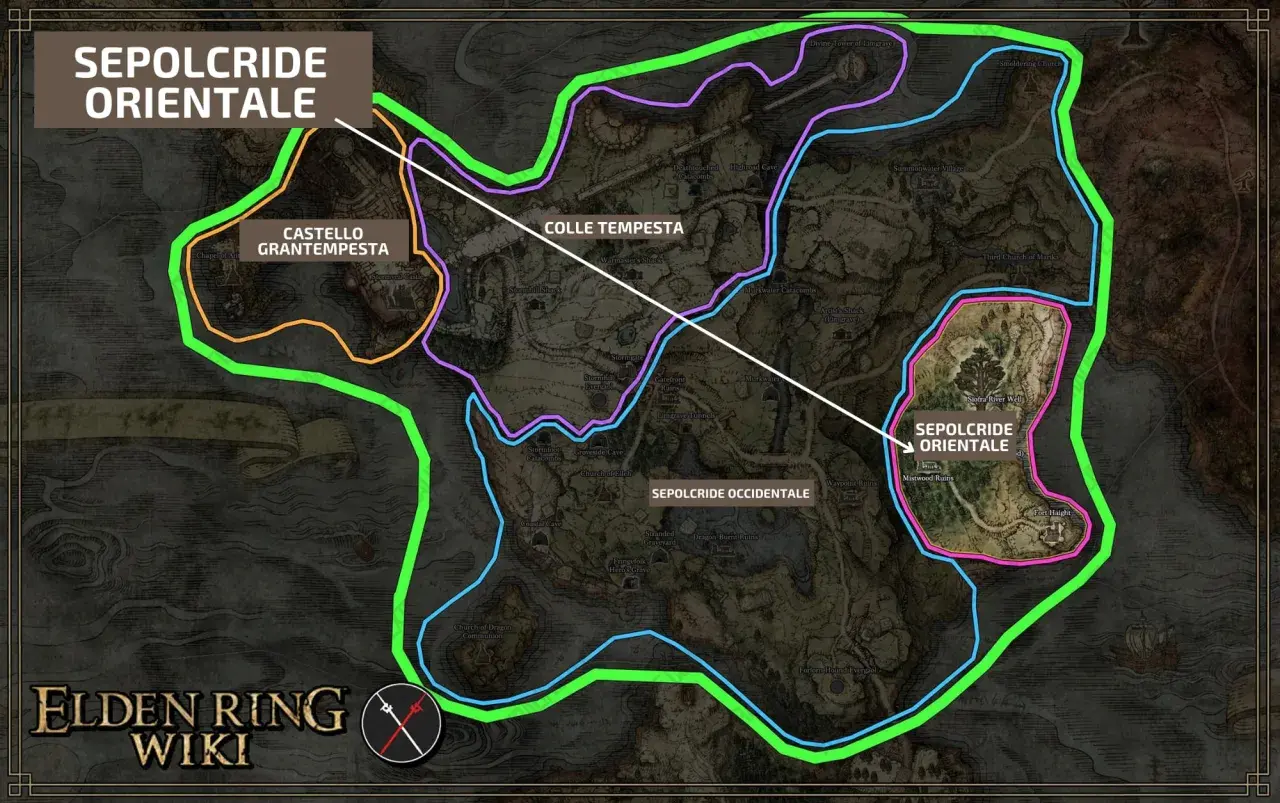 Mappa di Elden Ring che evidenzia Sepolcride Orientale, Castello Grantempesta e Colle Tempesta.