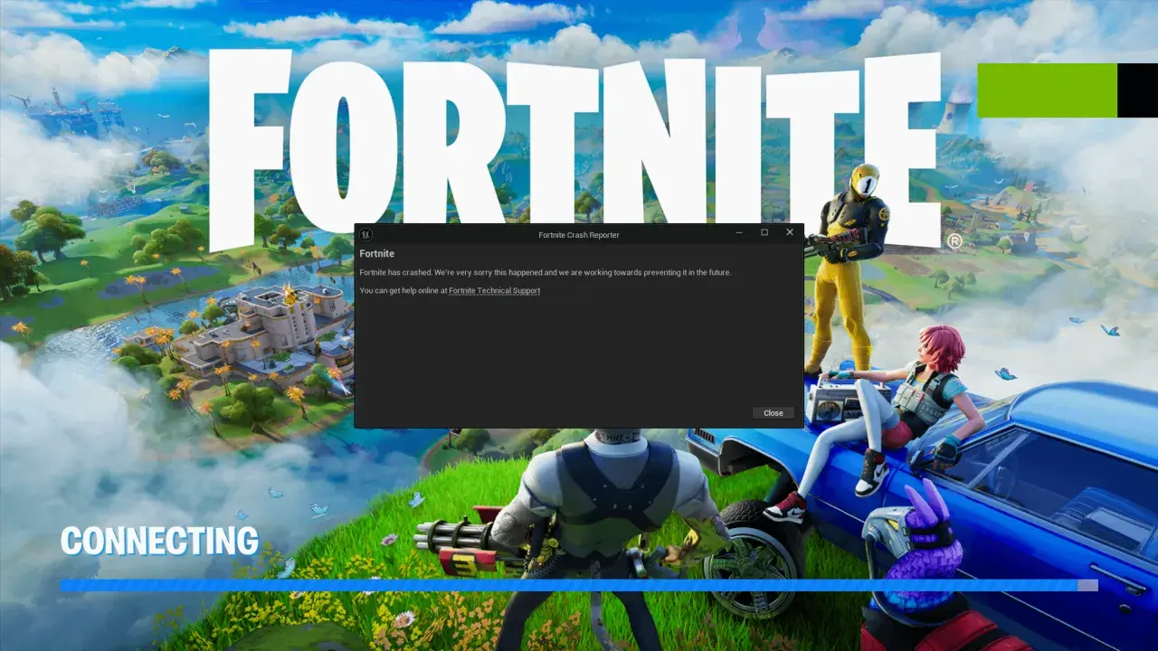 Schermata di Fortnite con messaggio di crash: "Fortnite has crashed." Spiega perché Fortnite non va, con un avviso di supporto tecnico.