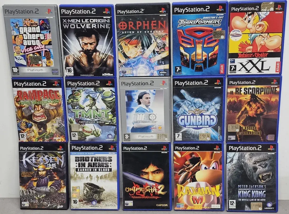 Collezione di **migliori giochi PS2**: Grand Theft Auto, Wolverine, Orphen, Transformers, TMNT, Gunbird, Kessen, Brothers in Arms, Onimusha 2, Rayman M, King Kong.