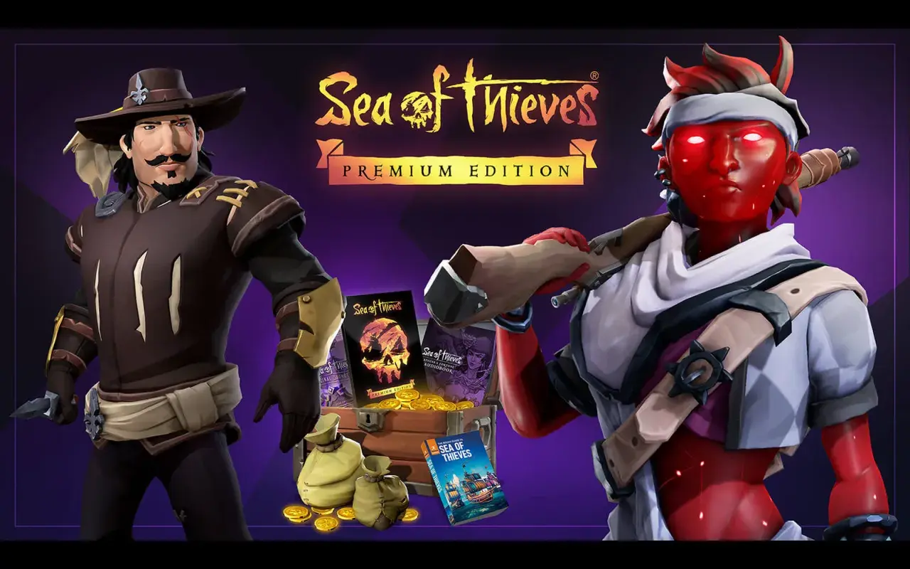 Due pirati, uno con baffi e cappello, l'altro rosso fiammante, presentano la Premium Edition di Sea of Thieves. Una recensione visiva dell'avventura.