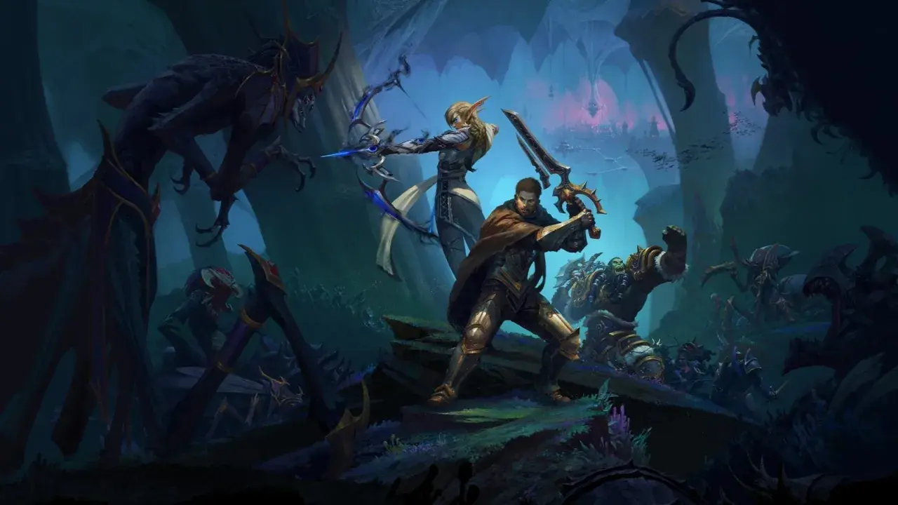 Eroi di World of Warcraft su PS5 combattono creature oscure in un'epica battaglia.
