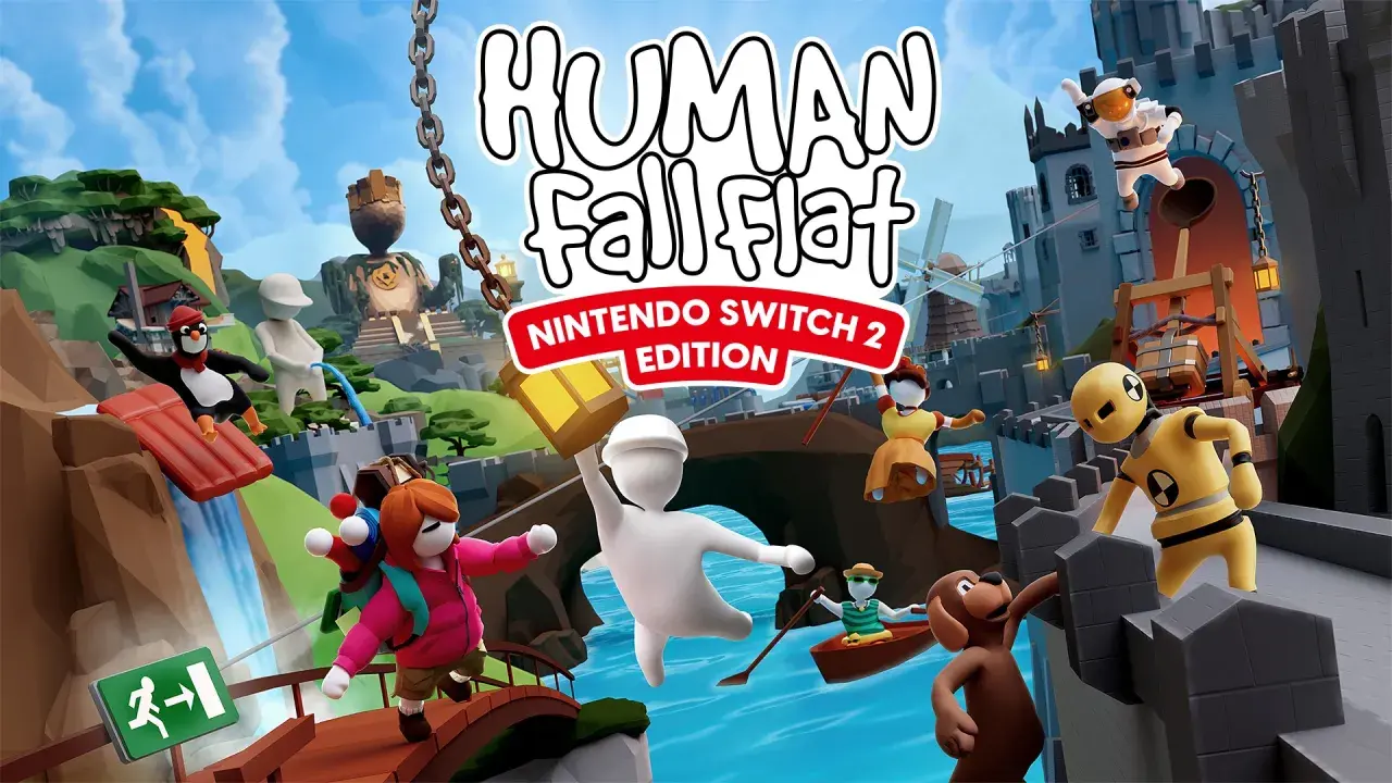 Personaggi buffi di Human Fall Flat Nintendo Switch 2 Edition si muovono in un mondo colorato tra castelli e cascate.